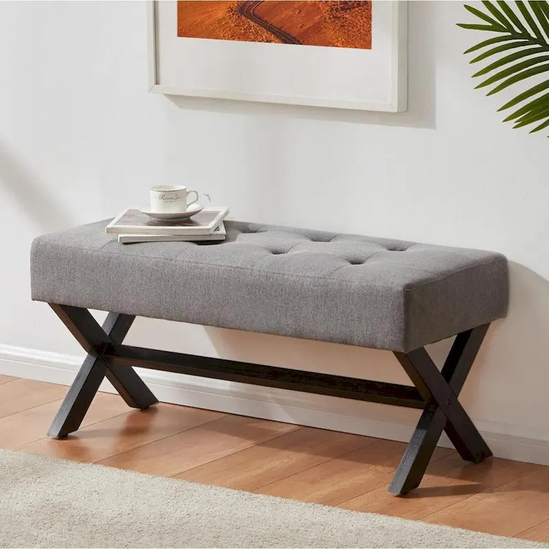 Banc d'entrée en tissu beige/gris/blanc, recouvert de tissu, avec pieds en forme de X, 89 cm (35 pouces)