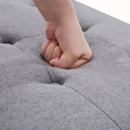 Banc d'entrée en tissu beige/gris/blanc, recouvert de tissu, avec pieds en forme de X, 89 cm (35 pouces)