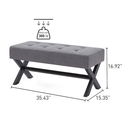 Banc d'entrée en tissu beige/gris/blanc, recouvert de tissu, avec pieds en forme de X, 89 cm (35 pouces)