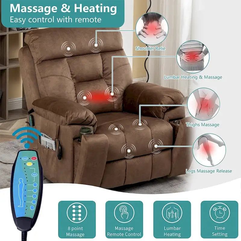 Grand fauteuil inclinable de massage électrique avec fonction chauffante et porte-gobelet dissimulé