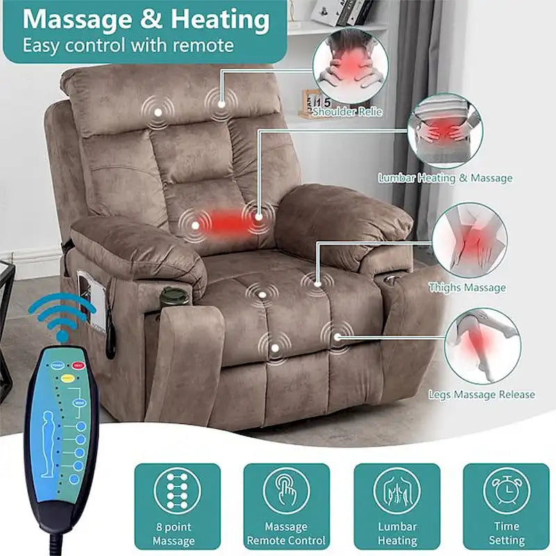 Grand fauteuil inclinable de massage électrique avec fonction chauffante et porte-gobelet dissimulé