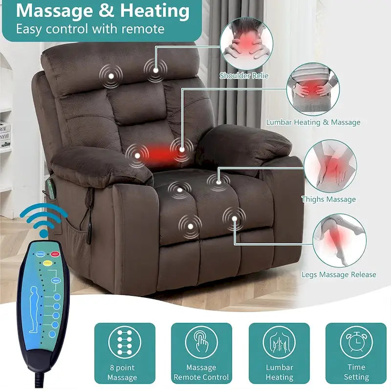 Grand fauteuil inclinable de massage électrique avec fonction chauffante et porte-gobelet dissimulé