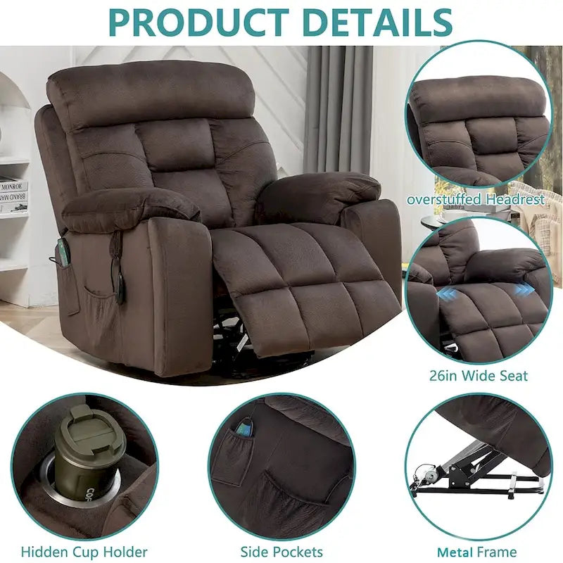Grand fauteuil inclinable de massage électrique avec fonction chauffante et porte-gobelet dissimulé