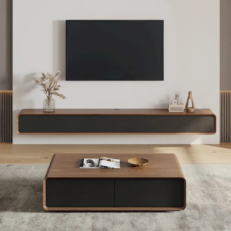 Meuble TV suspendu moderne pour salon, centre multimédia mural avec tiroirs de rangement, bois massif, entièrement assemblé