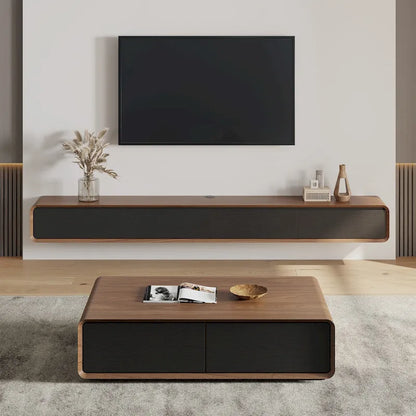 Meuble TV suspendu moderne pour salon, centre multimédia mural avec tiroirs de rangement, bois massif, entièrement assemblé