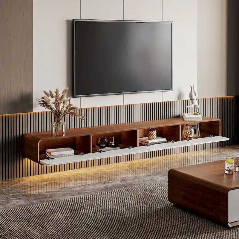 Meuble TV suspendu moderne pour salon, centre multimédia mural avec tiroirs de rangement, bois massif, entièrement assemblé