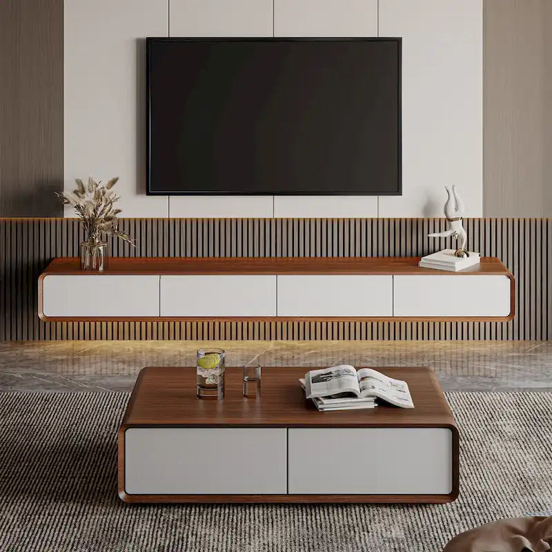 Meuble TV suspendu moderne pour salon, centre multimédia mural avec tiroirs de rangement, bois massif, entièrement assemblé