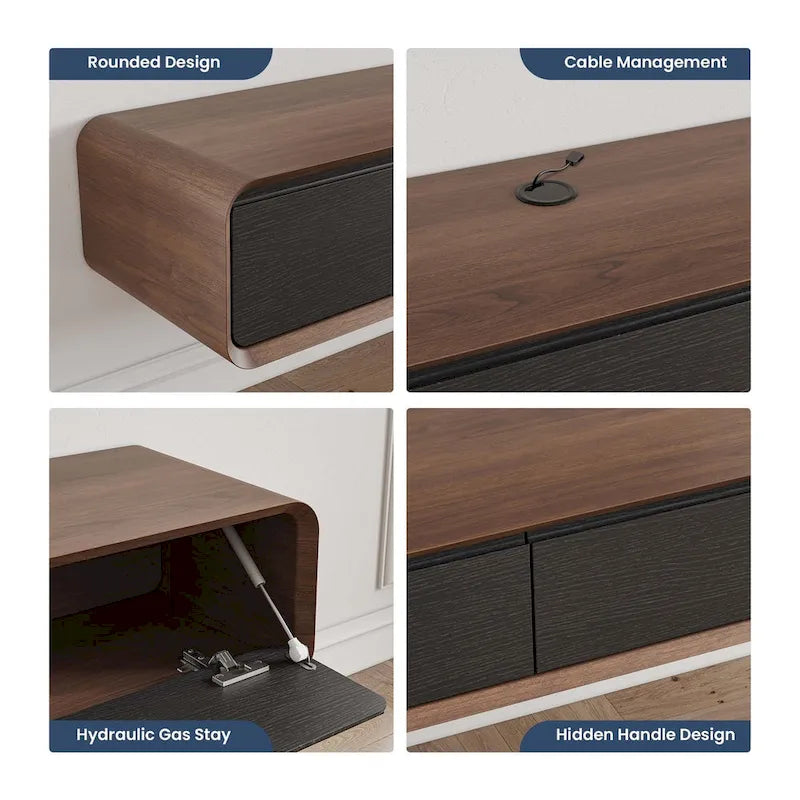 Meuble TV suspendu moderne pour salon, centre multimédia mural avec tiroirs de rangement, bois massif, entièrement assemblé