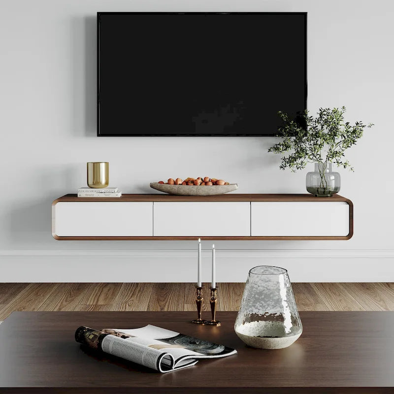 Meuble TV suspendu moderne pour salon, centre multimédia mural avec tiroirs de rangement, bois massif, entièrement assemblé