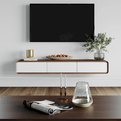 Meuble TV suspendu moderne pour salon, centre multimédia mural avec tiroirs de rangement, bois massif, entièrement assemblé