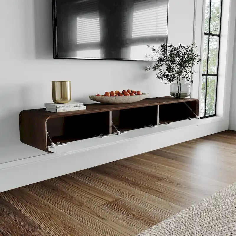 Meuble TV suspendu moderne pour salon, centre multimédia mural avec tiroirs de rangement, bois massif, entièrement assemblé