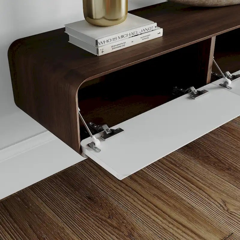 Meuble TV suspendu moderne pour salon, centre multimédia mural avec tiroirs de rangement, bois massif, entièrement assemblé