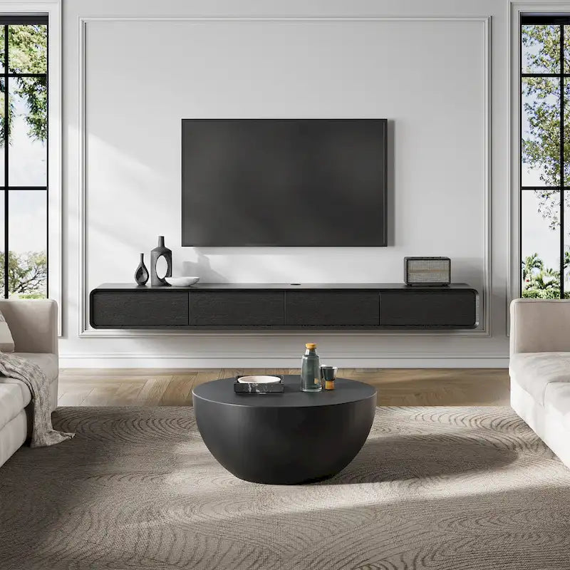 Meuble TV suspendu moderne pour salon, centre multimédia mural avec tiroirs de rangement, bois massif, entièrement assemblé