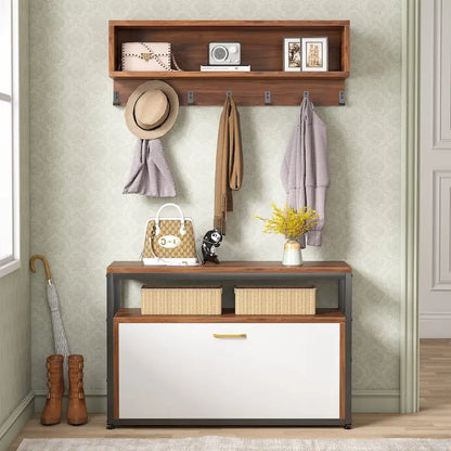 Ensemble porte-manteau et banc à chaussures pour entrée, style industriel.