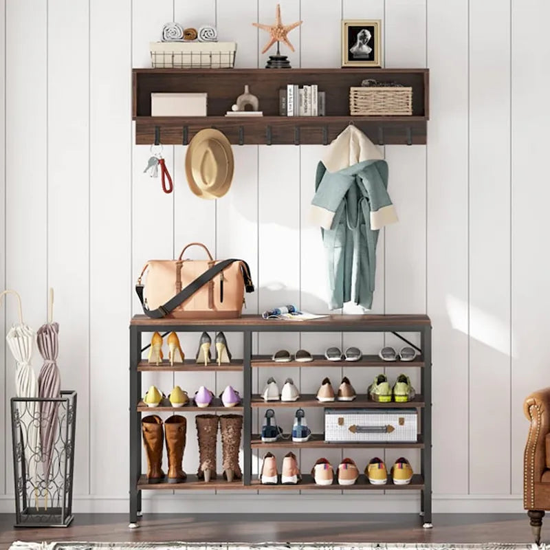 Ensemble porte-manteau et banc à chaussures pour entrée, style industriel.