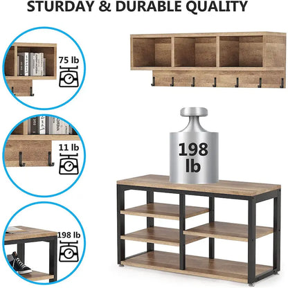 Ensemble porte-manteau et banc à chaussures pour entrée, style industriel.