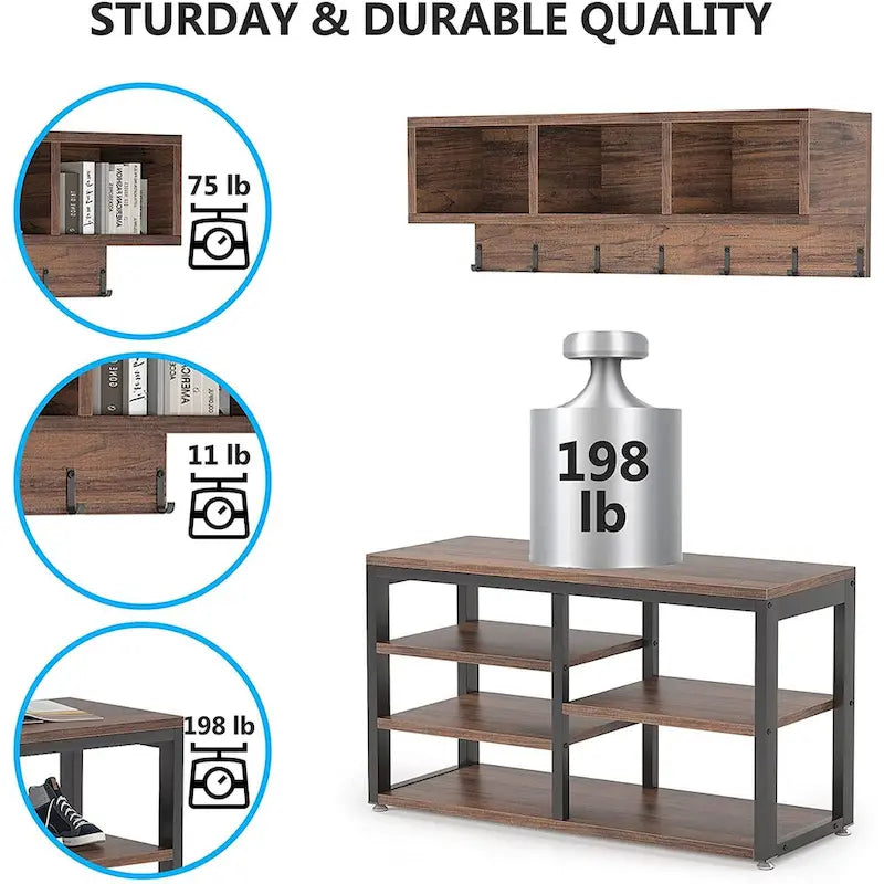 Ensemble porte-manteau et banc à chaussures pour entrée, style industriel.