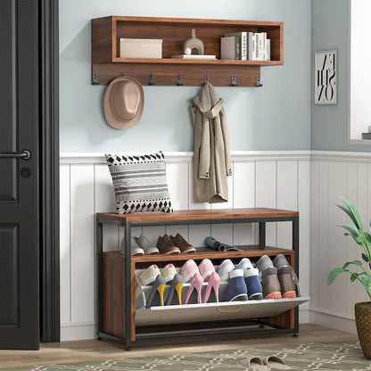 Ensemble porte-manteau et banc à chaussures pour entrée, style industriel.