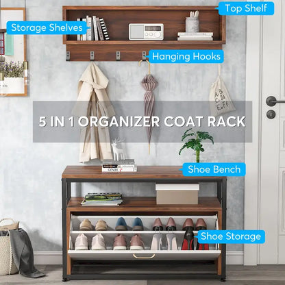 Ensemble porte-manteau et banc à chaussures pour entrée, style industriel.