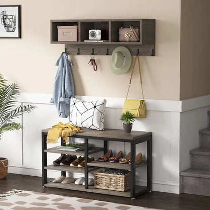 Ensemble porte-manteau et banc à chaussures pour entrée, style industriel.