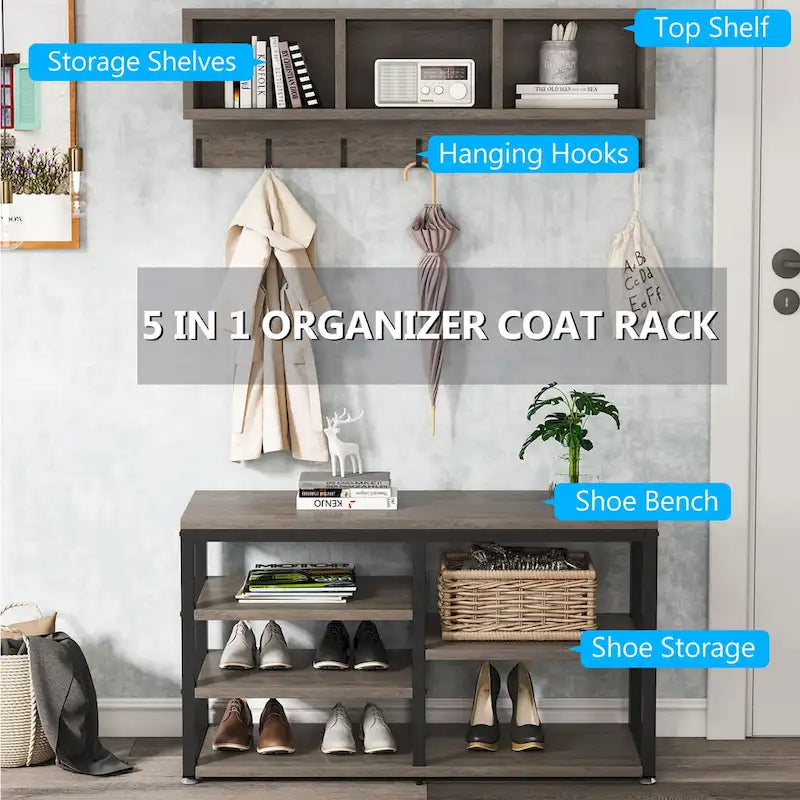 Ensemble porte-manteau et banc à chaussures pour entrée, style industriel.