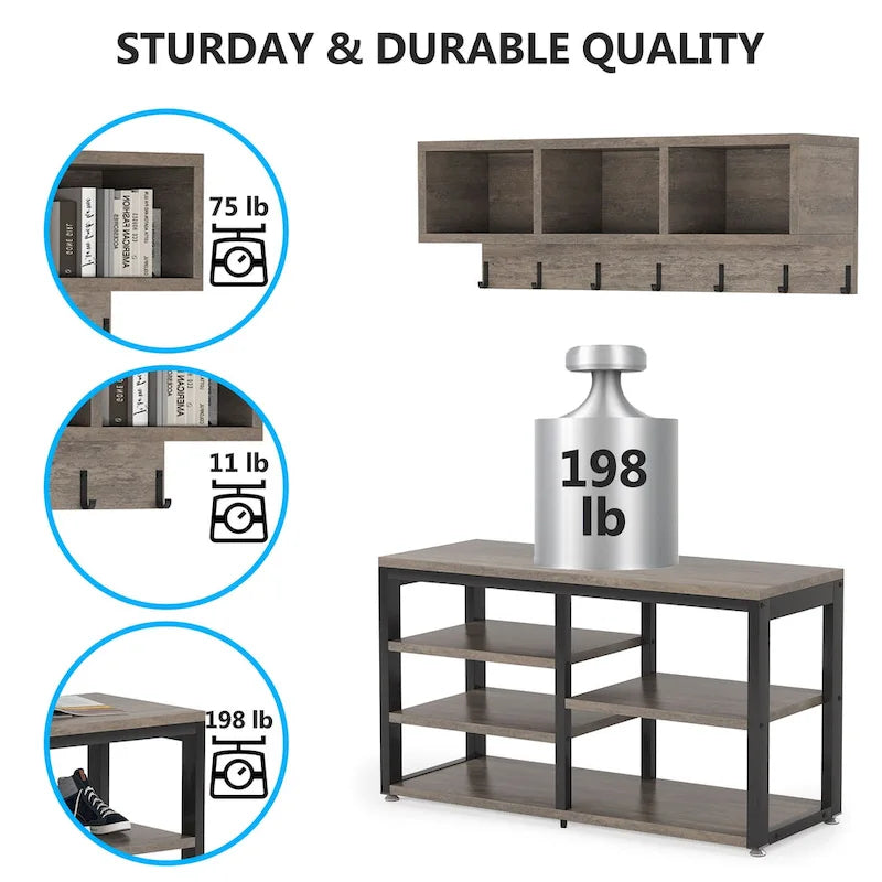 Ensemble porte-manteau et banc à chaussures pour entrée, style industriel.