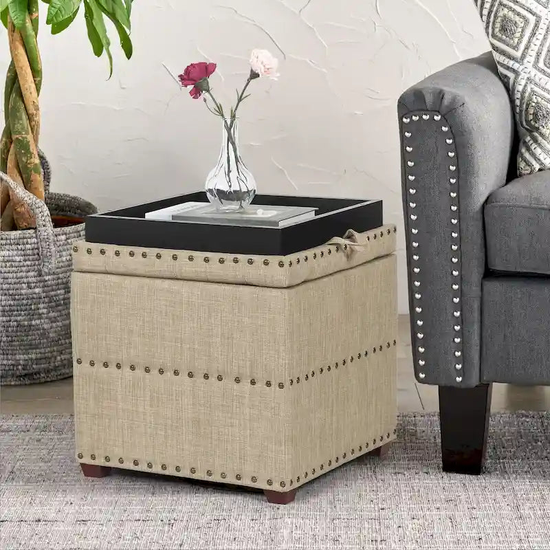 Pouf carré en tissu Adeco avec plateau