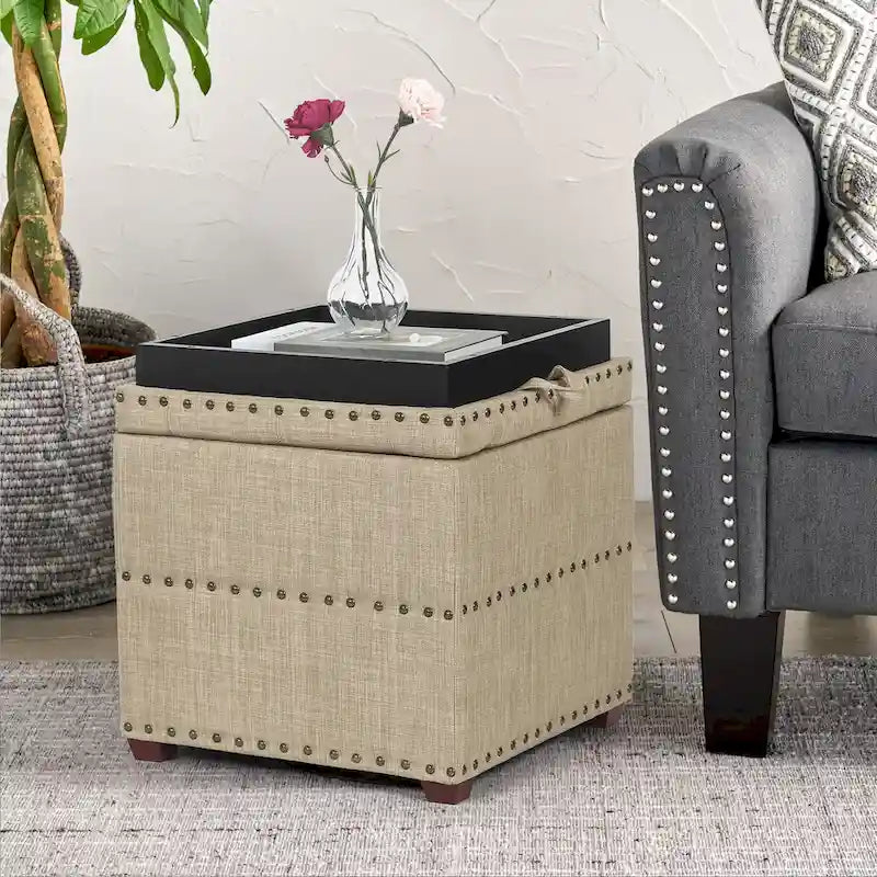 Pouf carré en tissu Adeco avec plateau