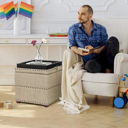 Pouf carré en tissu Adeco avec plateau