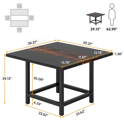 Table de salle à manger carrée rustique pour 4 personnes, idéale pour les petits espaces.