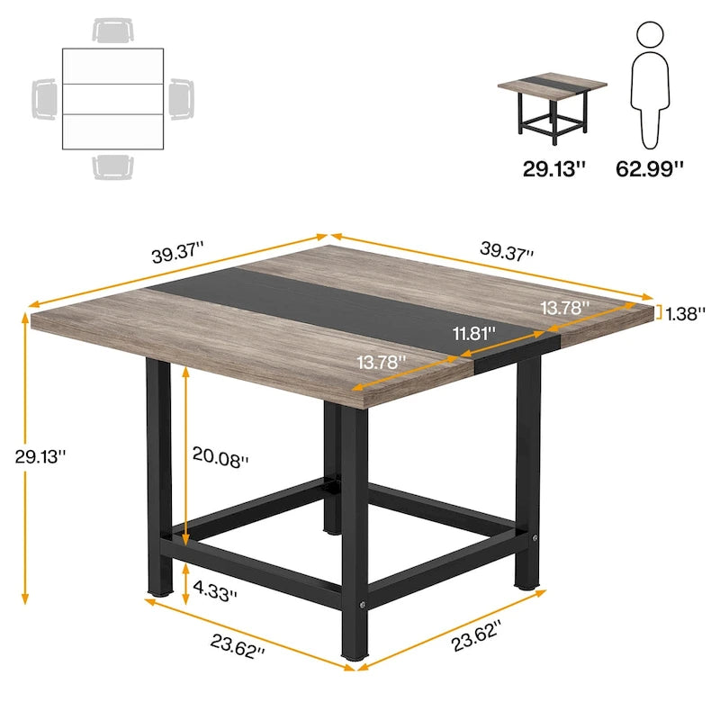 Table de salle à manger carrée rustique pour 4 personnes, idéale pour les petits espaces.