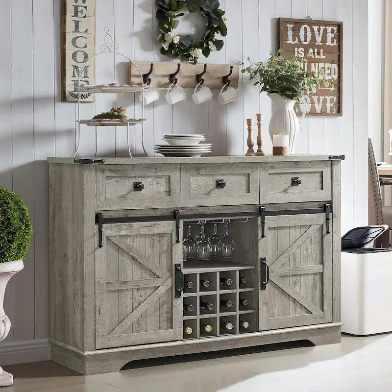 Meuble bar de style campagnard, meuble bar à café/vin avec casier à bouteilles et à verres.