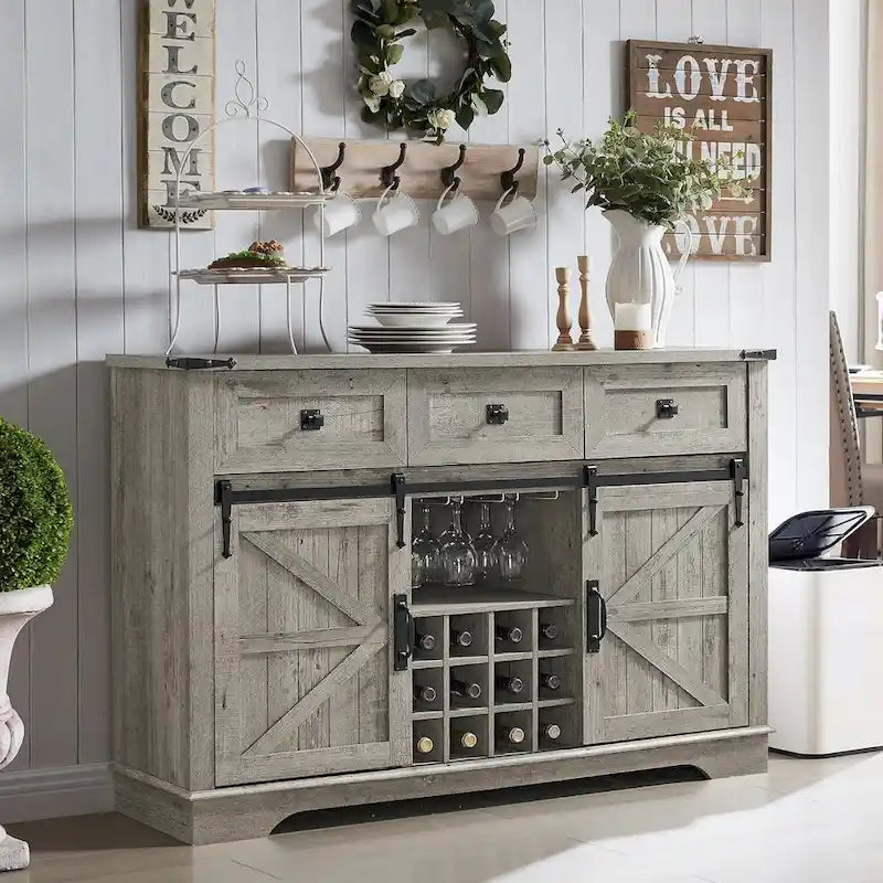 Meuble bar de style campagnard, meuble bar à café/vin avec casier à bouteilles et à verres.