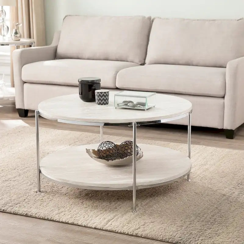Table basse ronde moderne SEI Furniture Henderson en faux marbre avec étagère inférieure