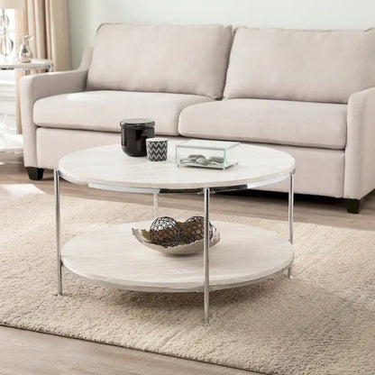 Table basse ronde moderne SEI Furniture Henderson en faux marbre avec étagère inférieure