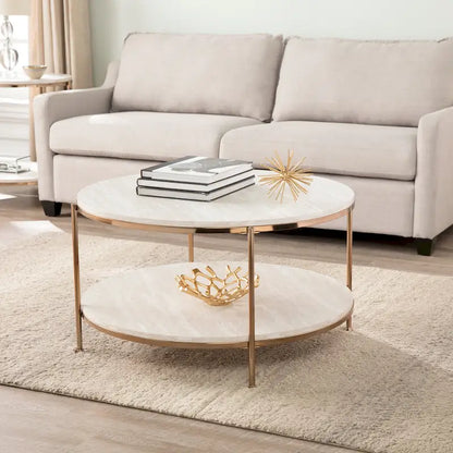 Table basse ronde moderne SEI Furniture Henderson en faux marbre avec étagère inférieure