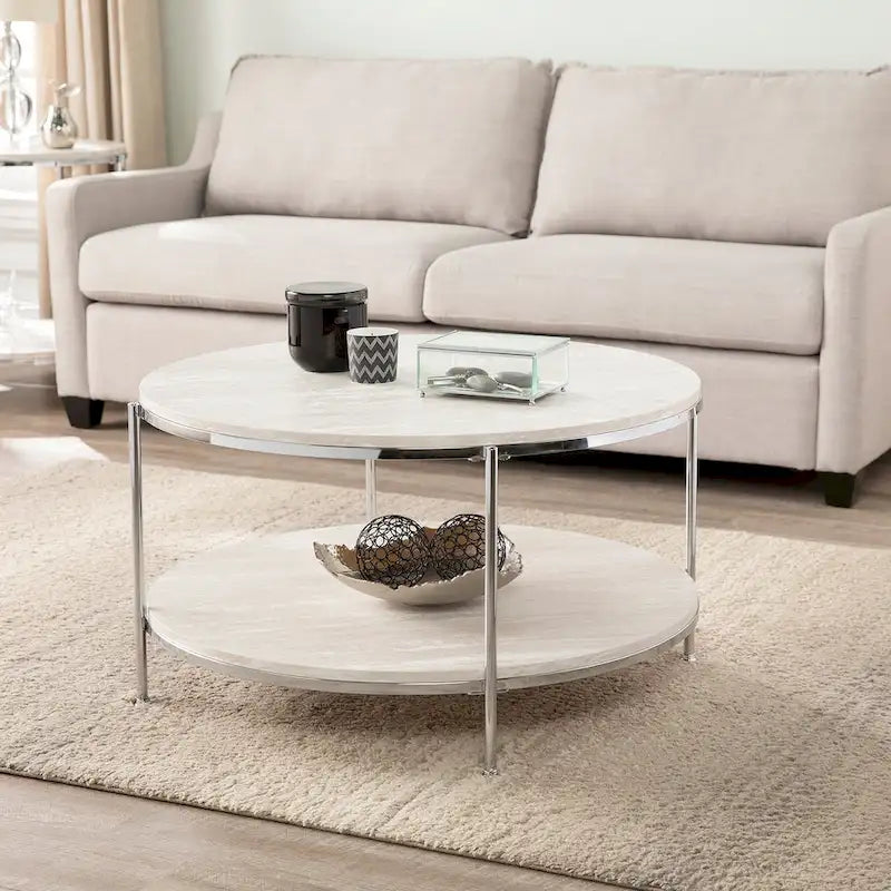 Table basse ronde moderne SEI Furniture Henderson en faux marbre avec étagère inférieure