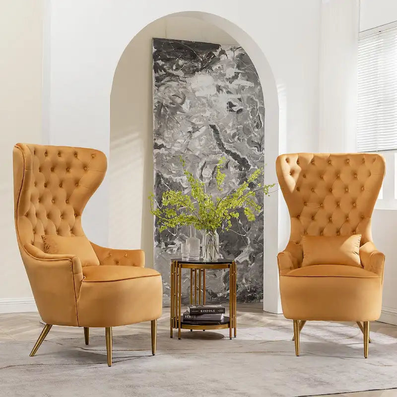 Fauteuils d'appoint KINWELL à haut dossier capitonné, en velours, lot de 2