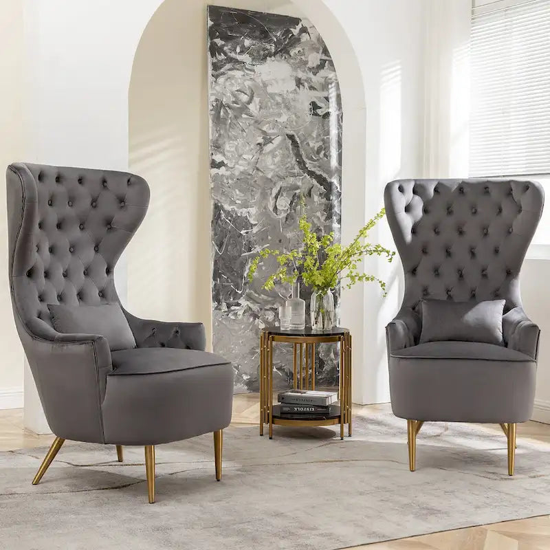 Fauteuils d'appoint KINWELL à haut dossier capitonné, en velours, lot de 2