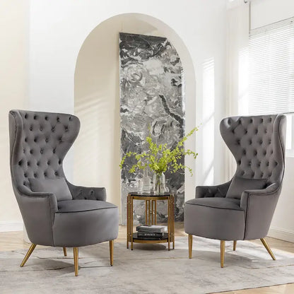 Fauteuils d'appoint KINWELL à haut dossier capitonné, en velours, lot de 2