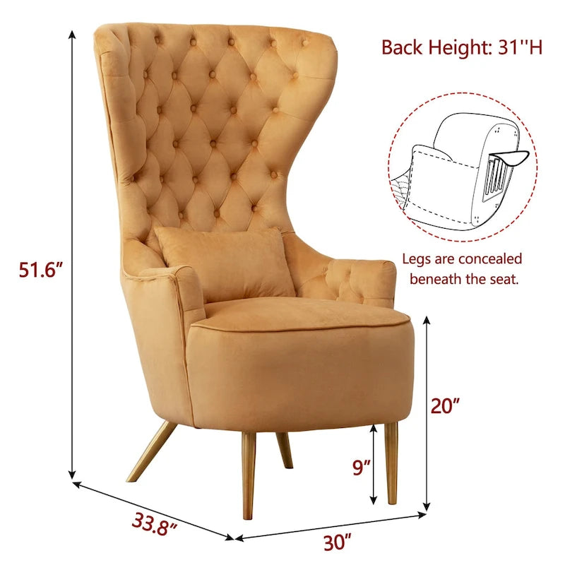 Fauteuils d'appoint KINWELL à haut dossier capitonné, en velours, lot de 2