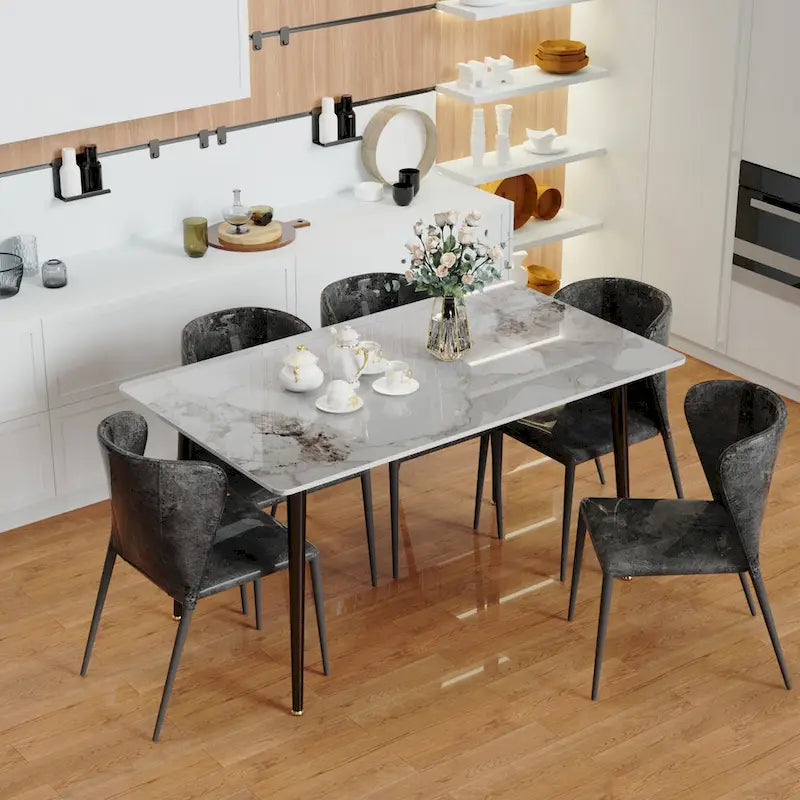 6 Seater Kitchen Dining Table Modern Marble Tabletop Rectangular with Tapered Metal Legs