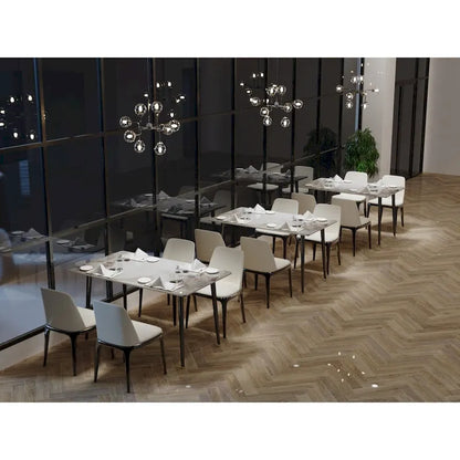 Table de salle à manger moderne 6 places avec plateau en marbre rectangulaire et pieds fuselés en métal