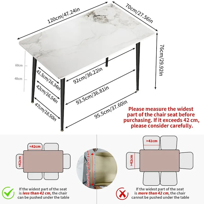 Table de salle à manger moderne 6 places avec plateau en marbre rectangulaire et pieds fuselés en métal