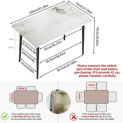 Table de salle à manger moderne 6 places avec plateau en marbre rectangulaire et pieds fuselés en métal