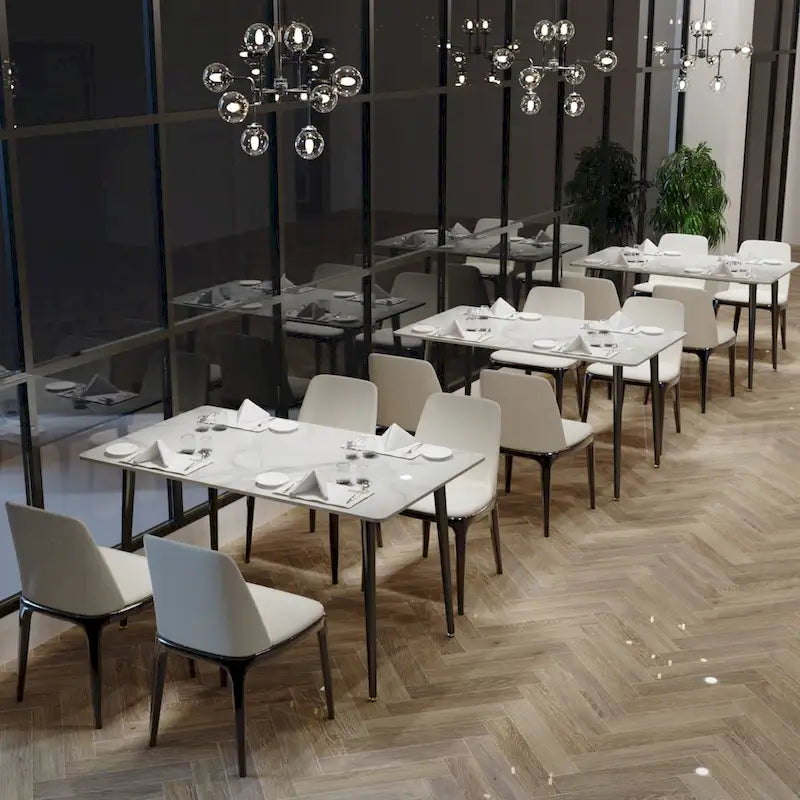 Table de salle à manger moderne 6 places avec plateau en marbre rectangulaire et pieds fuselés en métal