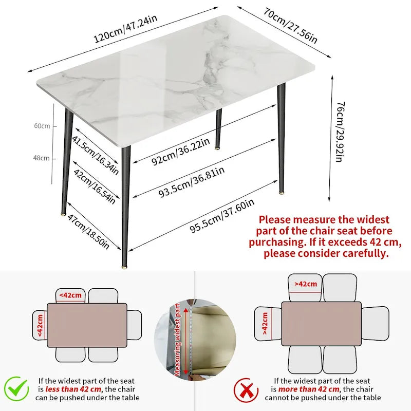 Table de salle à manger moderne 6 places avec plateau en marbre rectangulaire et pieds fuselés en métal