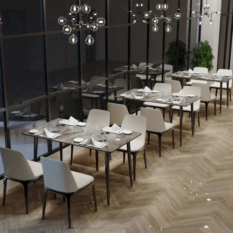 Table de salle à manger moderne 6 places avec plateau en marbre rectangulaire et pieds fuselés en métal