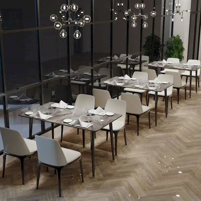 Table de salle à manger moderne 6 places avec plateau en marbre rectangulaire et pieds fuselés en métal