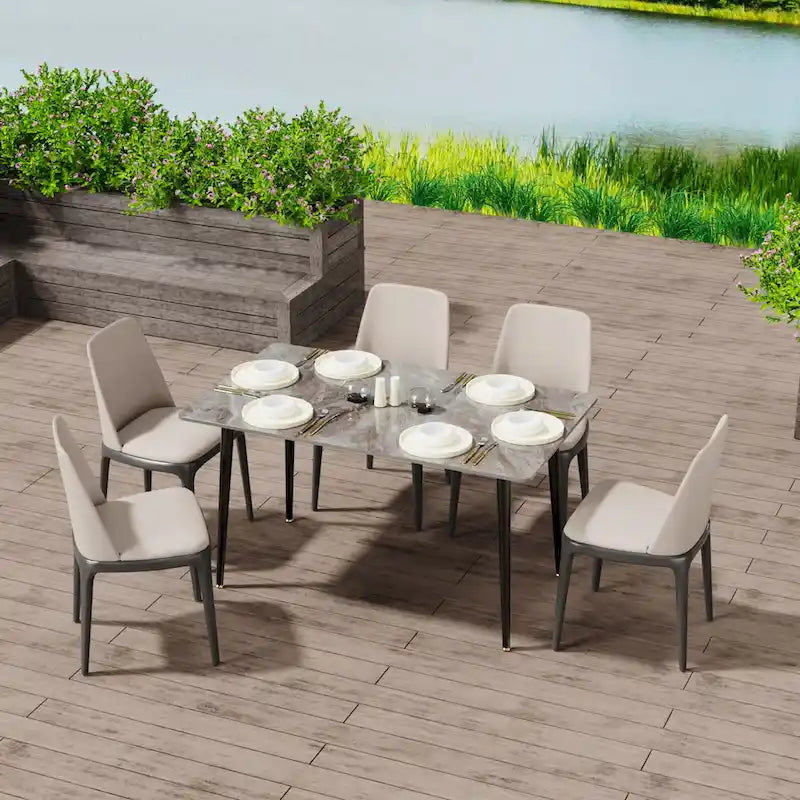 Table de salle à manger moderne 6 places avec plateau en marbre rectangulaire et pieds fuselés en métal